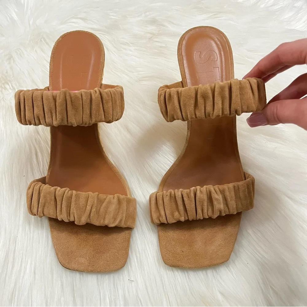 STAUD Tan Suede Frankie Ruched Leather Caramel Wedges Strappy Sandals sz. 9